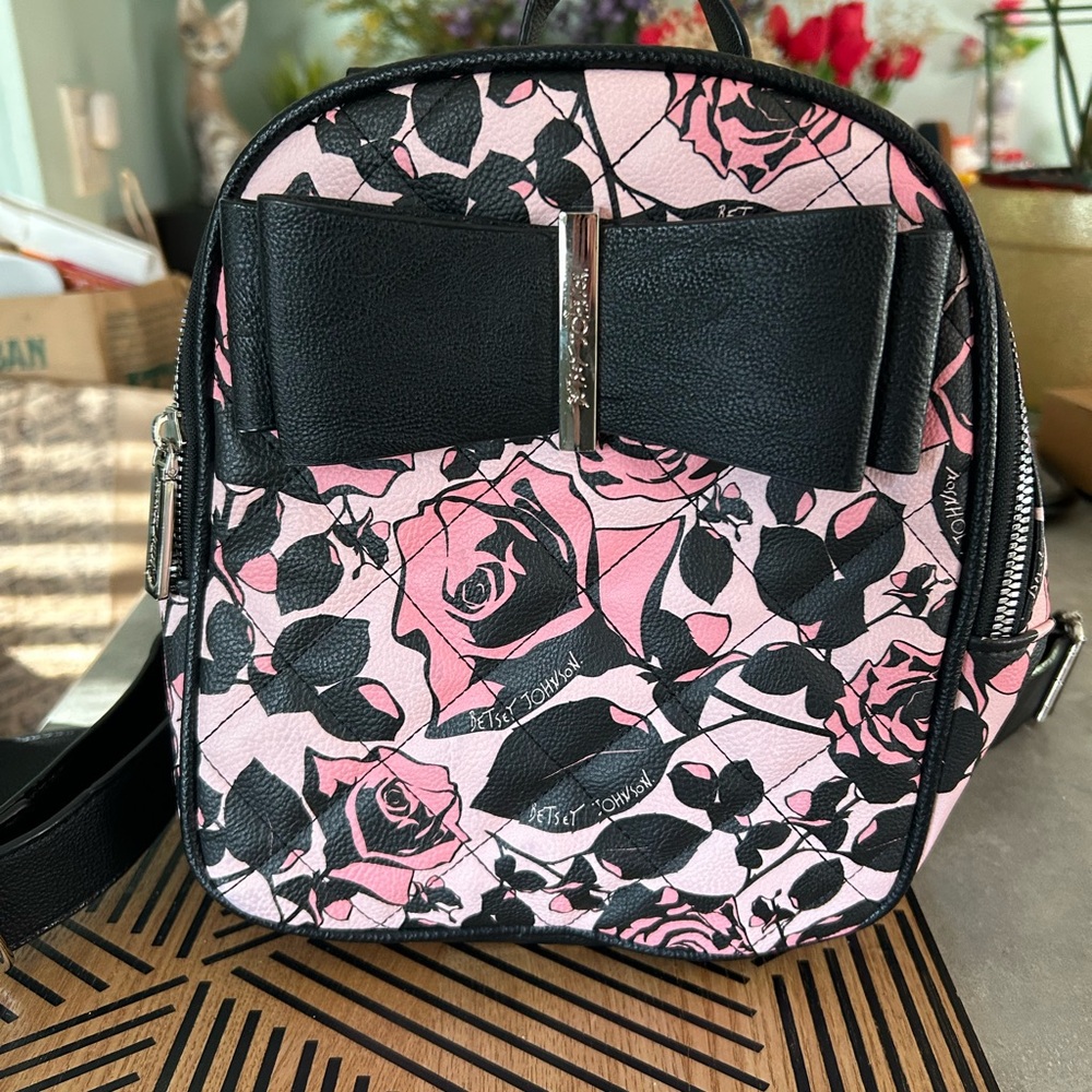 Betsey Johnson Pink and Black Rose Backpack